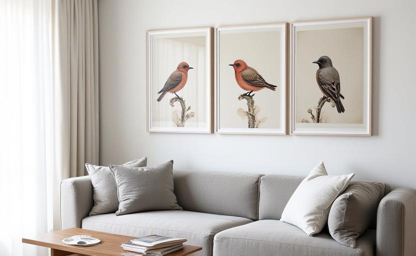 Modern living room with bird-themed wall art