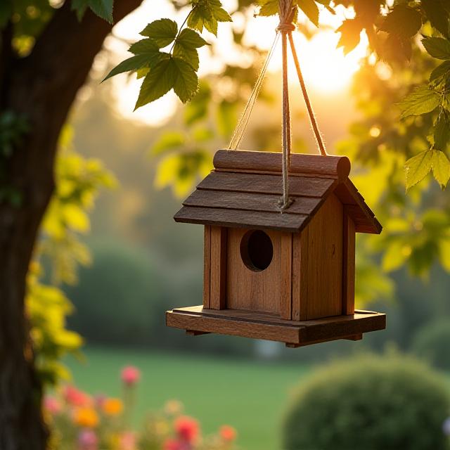 Artisan birdhouse in a lush British garden setting